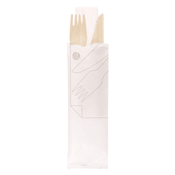 Set de couvert en bois 3/1 fourchette couteau et serviette en sachet blanc individuel 16 cm - pack de 100 unités