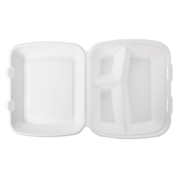 Coque 3 compartiments en cellulose naturelle fibre de canne à sucre 950ml  - Blanc - 23x18x7.3 cm- carton de 200 unités