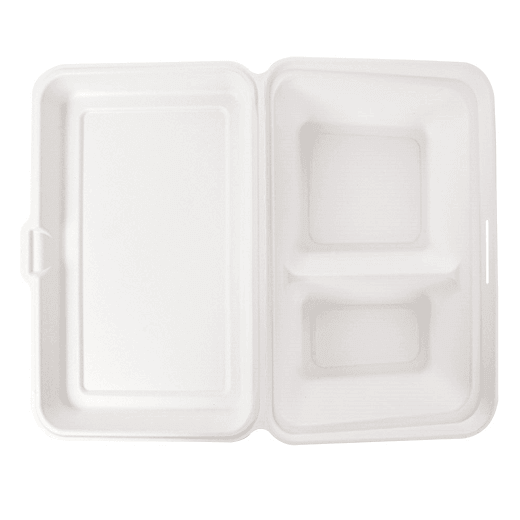 Coque 2 compartiments en cellulose naturelle fibre de canne à sucre 940 ml  - Blanc - 25.5x16.5x7 cm- carton de 250 unités