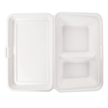 Coque 2 compartiments en cellulose naturelle fibre de canne à sucre 940 ml  - Blanc - 25.5x16.5x7 cm- carton de 250 unités