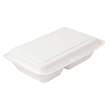 Coque 2 compartiments en cellulose naturelle fibre de canne à sucre 940 ml  - Blanc - 25.5x16.5x7 cm- carton de 250 unités