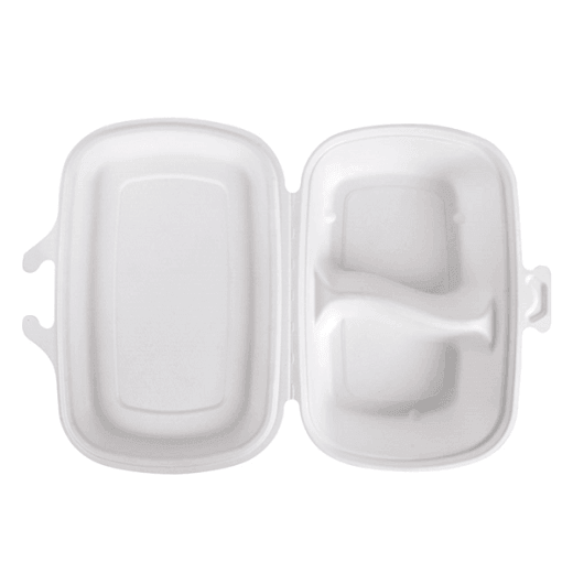 Coque 2 compartiments en cellulose naturelle fibre de canne à sucre 900 ml  - Blanc - 22.4x14x6 cm- carton de 400 unités