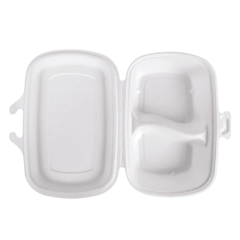 Coque 2 compartiments en cellulose naturelle fibre de canne à sucre 900 ml  - Blanc - 22.4x14x6 cm- carton de 400 unités