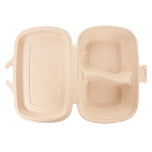 Coque 2 compartiments en cellulose naturelle fibre de canne à sucre 900 ml  - Naturel - 22.4x14x6 cm- carton de 400 unités