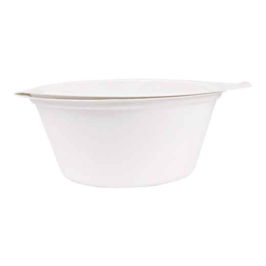 Saladier rond avec couvercle charnière en bagasse  - Blanc - 600 ml - carton de 300 unités