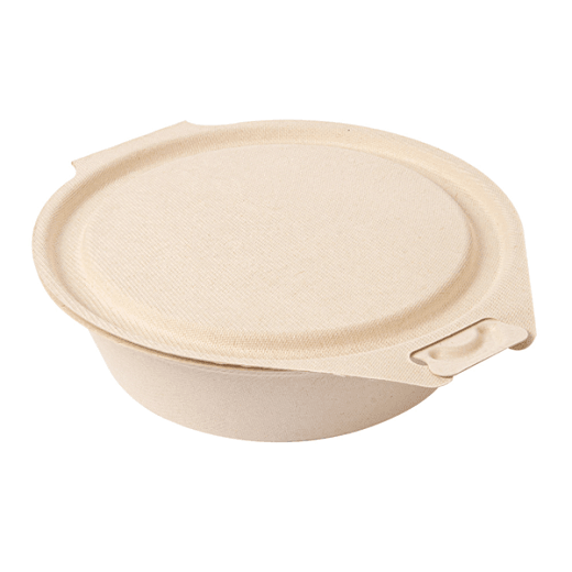 Saladier rond avec couvercle charnière en bagasse  - Naturel - 600 ml - carton de 300 unités