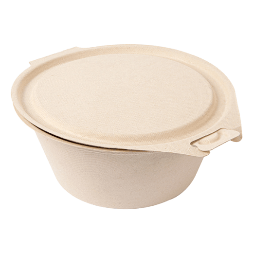 Saladier rond avec couvercle charnière en bagasse  - Naturel - 1300 ml - carton de 300 unités