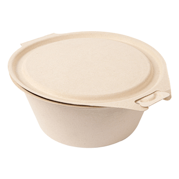 Saladier rond avec couvercle charnière en bagasse  - Naturel - 1300 ml - carton de 300 unités
