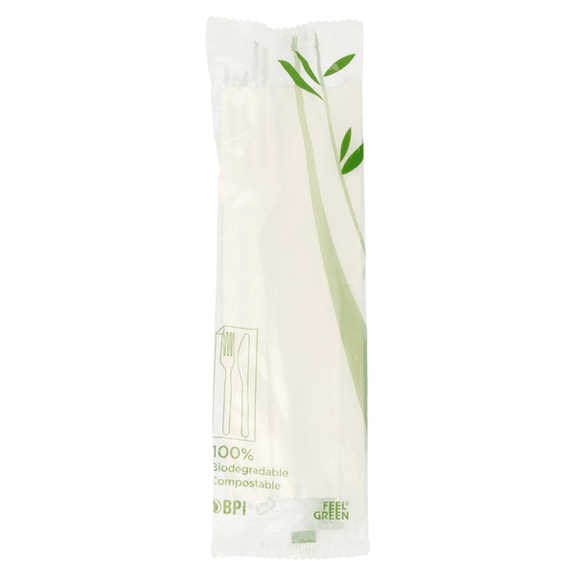 Set de 2 couverts compostables et biodégradables en CPLA 18 cm et une serviette - carton de 500 unités