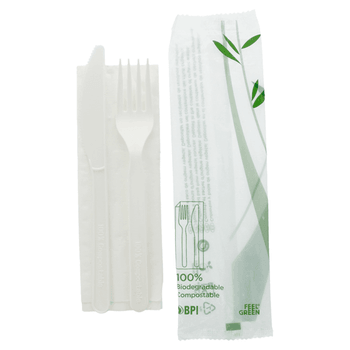 Set de 2 couverts compostables et biodégradables en CPLA 18 cm et une serviette - carton de 500 unités