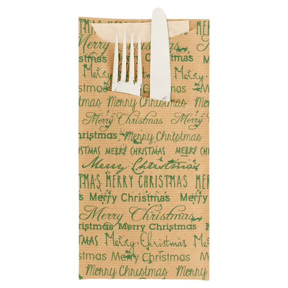 Sachet à couverts et serviette MERRY CHRISTMAS MARRON - Carton de 250 unités