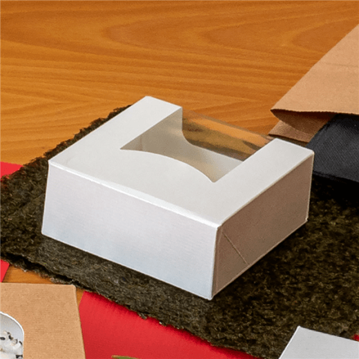 Boîte BLANCHE en carton nano-micro pour macarons ou sushi avec fenêtre 10x10x4 cm - paquet de 50 unités