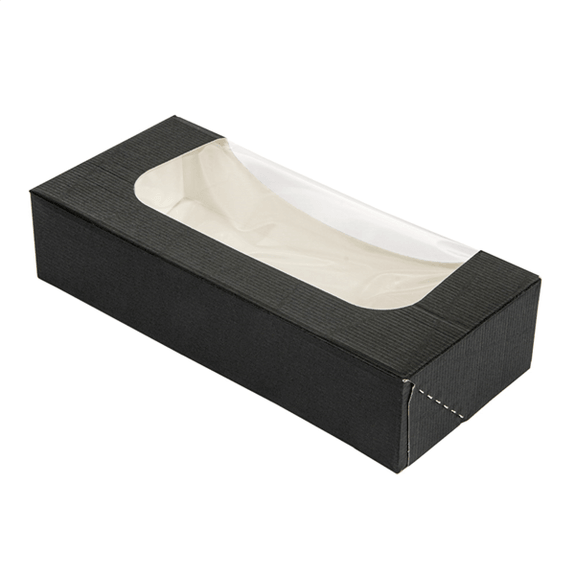 Boîte NOIRE en carton nano-micro pour macarons ou sushi avec fenêtre 19.7x9x4.5 cm - carton de 400 unités