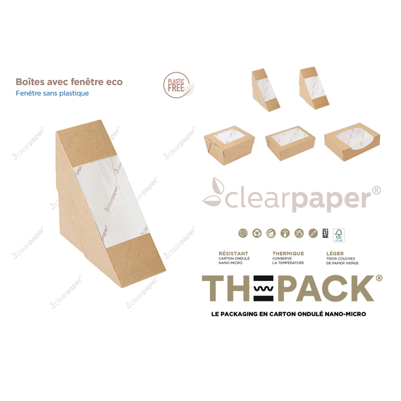 Boîte salade en carton nano-micro avec fenêtre sans plastique 780 ml - 11.2x9x6.4 cm - carton de 300 unités