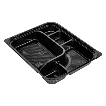Plateau repas noir et couvercle transparent en PP 5 compartiments - carton de 200 unités