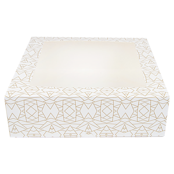Boîte pâtissière avec fenêtre BLANCHE décorée 32x32x10(h) cm - Carton de 100 unités