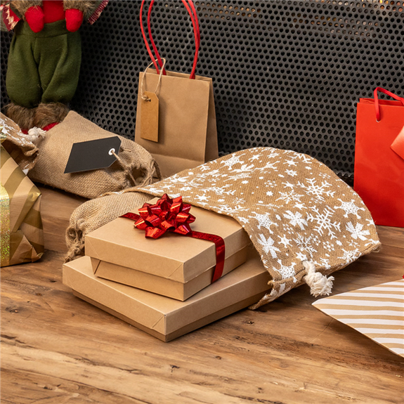 Sachet Noël réutilisable en toile de jute avec fermeture 38 x 56 cm -  Pack de 10 unités