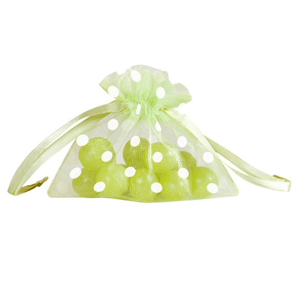 Sachet organza menthe à pois blanc avec fermeture satinée 12.5 x 11 cm - Pack de 48 unités