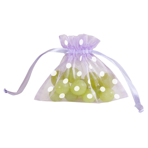 Sachet organza lavande à pois blanc avec fermeture satinée 12.5 x 11 cm - Pack de 48 unités