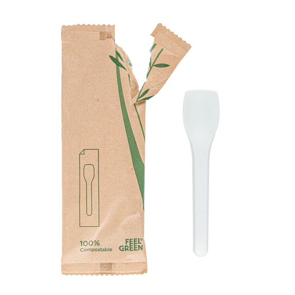 Cuillère à glace compostables et biodégradables en CPLA 10 cm emballée individuellement - carton de 500 unités