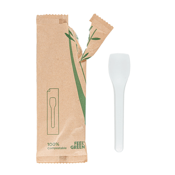 Cuillère à glace compostables et biodégradables en CPLA 10 cm emballée individuellement - carton de 500 unités