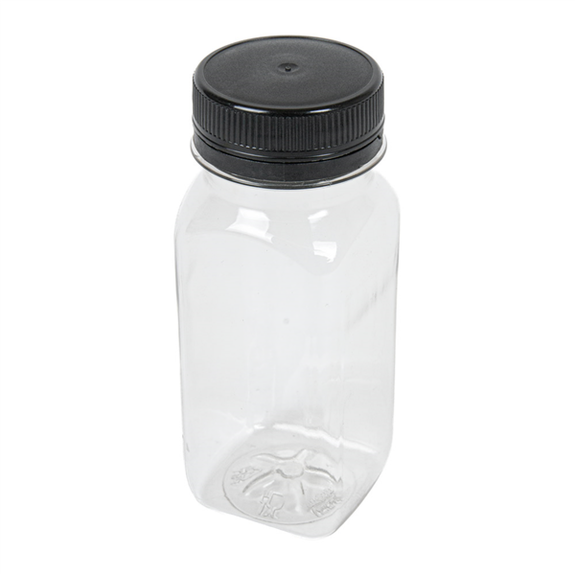 Bouteille carrée en  plastique RPET avec bouchon plastique - 125 ml - 4.3x4.3x11(h)cm -  Carton de 513 unités