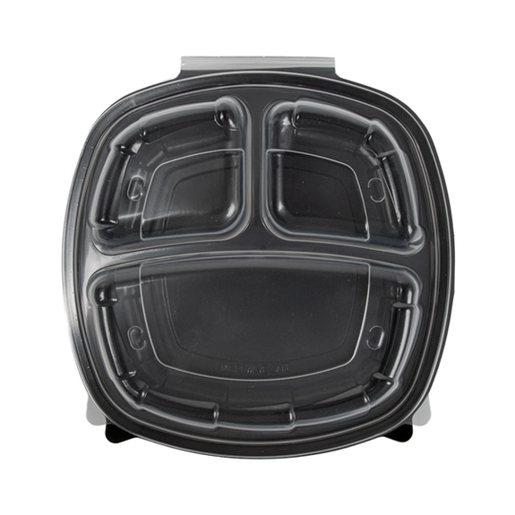 Barquette 3 compartiments micro-ondable noir et couvercle transparent en PP 1170 ml - 22.9 x 23.3 x 8.2 cm - carton de 100 unités