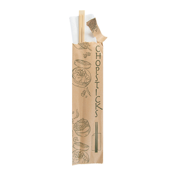 Baguettes chinoises en bambou 20 cm avec emballage individuel kraft et serviette - pack de 100 sachets