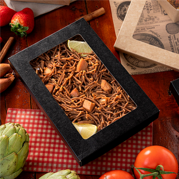 Boite salade 1300 ml en carton NOIR avec base étanche et couvercle fenêtre antibuée - 21x14x5 cm - carton de 200 unités