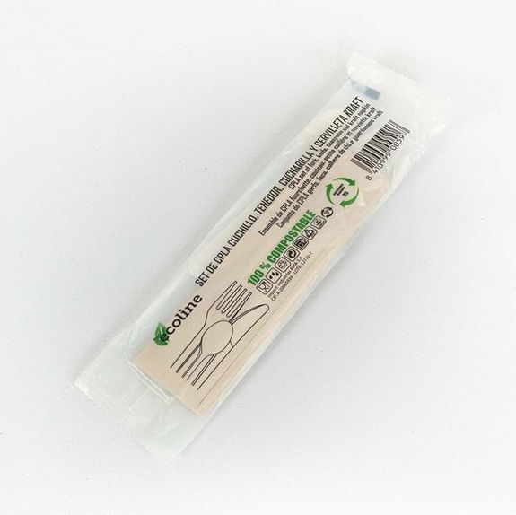 Kit couvert 4/1 (fourchette couteau petite cuillère et serviette) en CPLA - paquet de 50 unités
