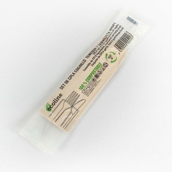 Kit couvert 3/1 (fourchette couteau et serviette) en CPLA - paquet de 50 unités