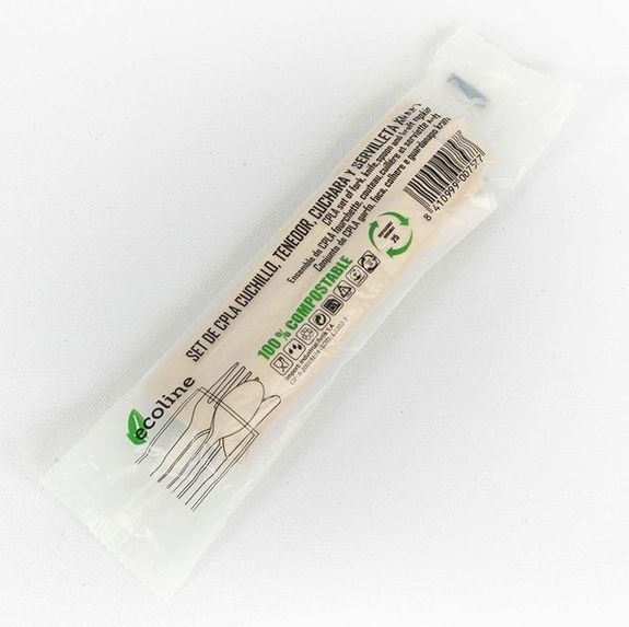 Kit couvert 4/1 (fourchette couteau grande cuillère et serviette) en CPLA - paquet de 50 unités