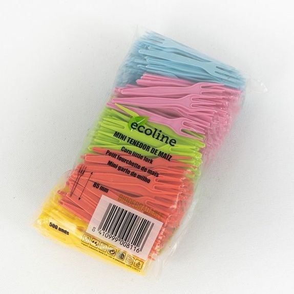 Mini fourchette à frites en amidon de maïs 8.5 cm assortiment coloré - paquet de 500 unités
