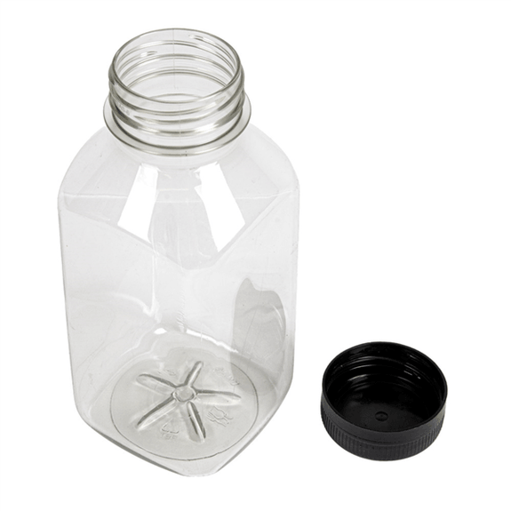Bouteille carrée en  plastique PET avec bouchon plastique - 350 ml - 6.2x6.2x13.8(h)cm -  Carton de 186 unités