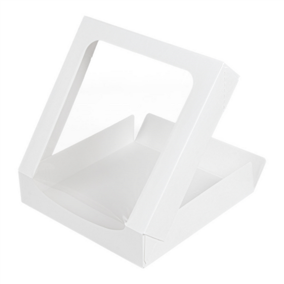 Boîte BLANCHE en carton nano-micro pour macarons ou sushi avec fenêtre 23x23x5cm - carton de 300 unités