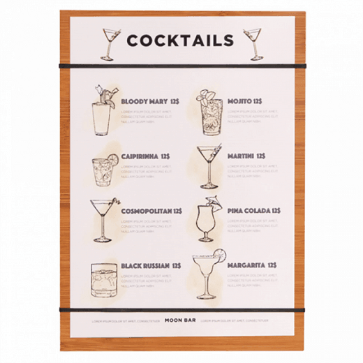 Planche porte menu A4 en bambou avec élastiques - pack de 10 unités