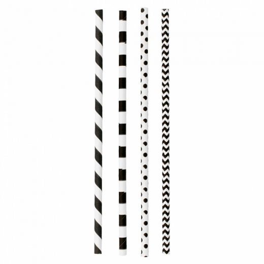 Paille droite couleur noir avec motifs assortis en PAPIER recyclable 0.6 x 21 cm - carton de 3000 pailles