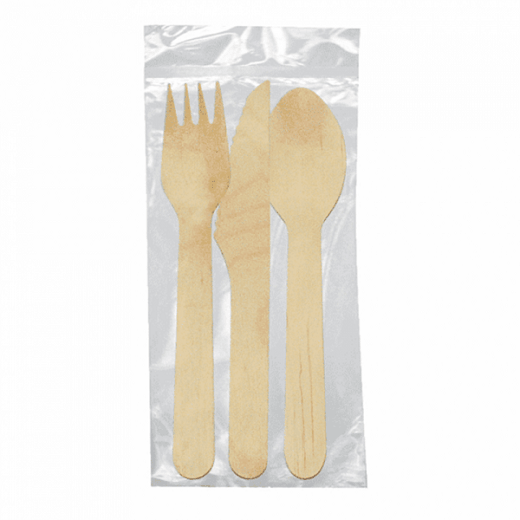 Set sachet de 3 couverts en bois  -  Pack de 100 sets