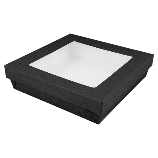 Boite salade 750 ml en carton NOIR avec base étanche et couvercle fenêtre antibuée - 14x14x5 cm - carton de 250 unités