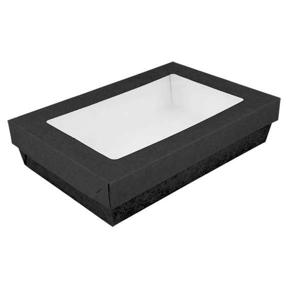 Boite salade 1300 ml en carton NOIR avec base étanche et couvercle fenêtre antibuée - 21x14x5 cm - carton de 200 unités