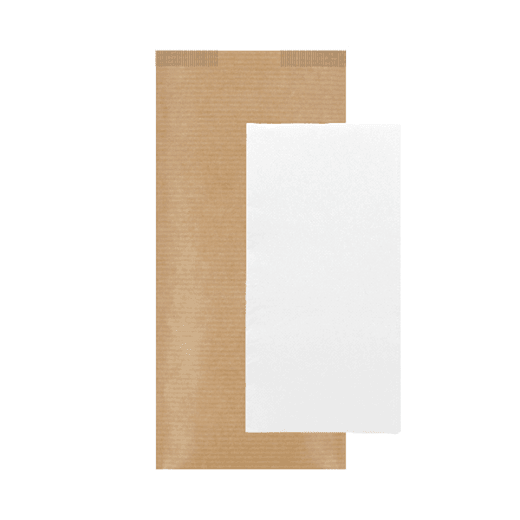Sachet couverts fermé KRAFT 11x25 cm avec serviette BLANCHE 40x32 cm 1/8 - carton de 300 unités
