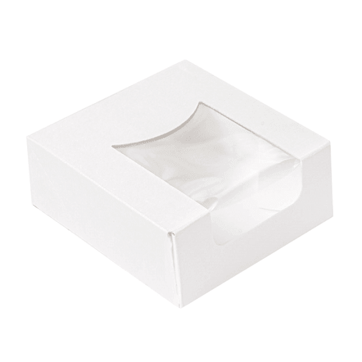 Boîte BLANCHE en carton nano-micro pour macarons ou sushi avec fenêtre 10x10x4 cm - carton de 400 unités