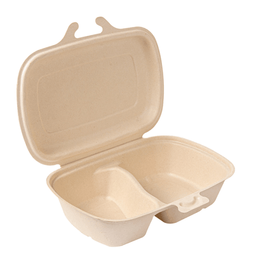 Coque 2 compartiments en cellulose naturelle fibre de canne à sucre 900 ml  - Naturel - 22.4x14x6 cm- carton de 400 unités