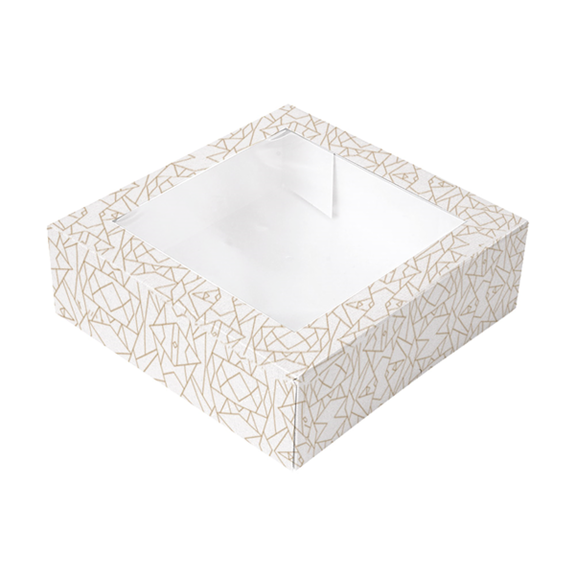 Boîte pâtissière BLANCHE décorée avec fenêtre 26x26x8(h) cm - pack de 50 unités