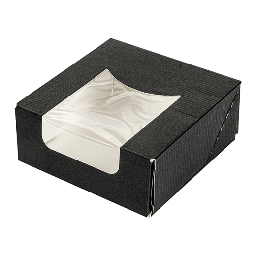 Boîte NOIRE en carton nano-micro pour macarons ou sushi avec fenêtre 10x10x4cm - carton de 400 unités