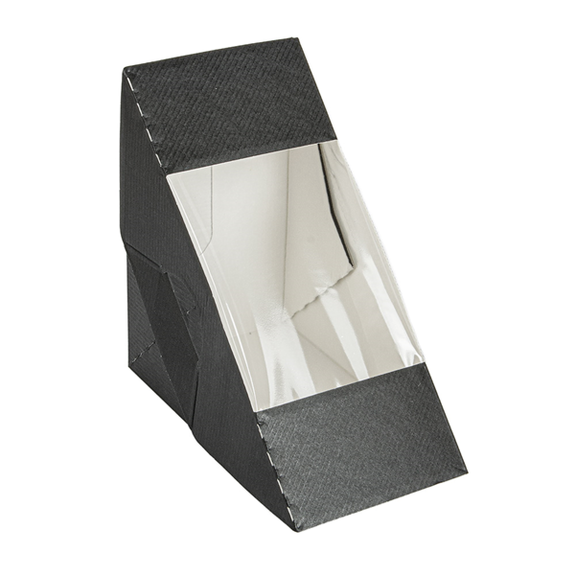 Boîte sandwich triangle double en carton NOIR nano-micro avec fenêtre - 12.4x12.4x7.5cm - carton de 500 unités