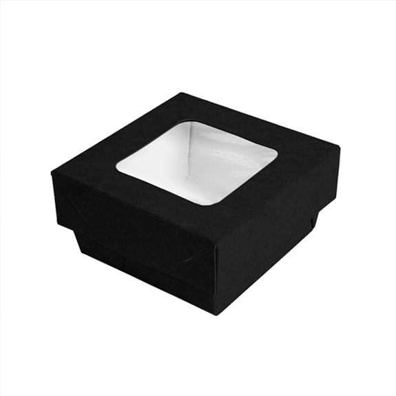 Boite salade 200 ml en carton NOIR avec base étanche et couvercle fenêtre antibuée - 7x7x4 cm - carton de 250 unités