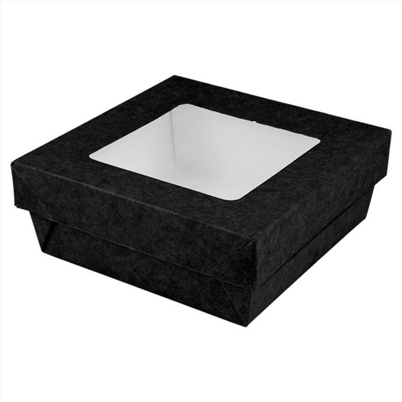 Boite salade 350 ml en carton NOIR avec base étanche et couvercle fenêtre antibuée - 10x10x4 cm - carton de 250 unités