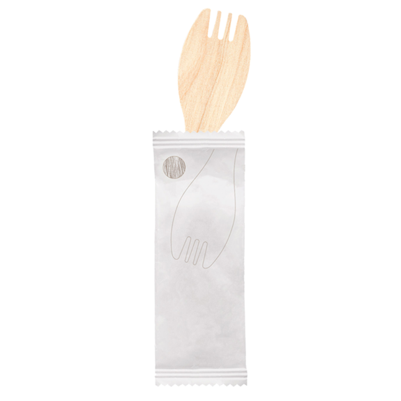 Fourchette en bois 9.2 cm en sachet individuel blanc - pack de 100 unités