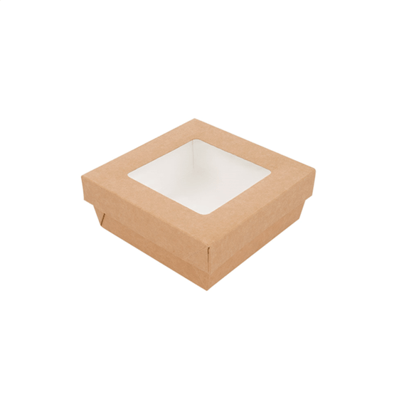 Boite salade 500 ml en carton avec base étanche et couvercle fenêtre haute visibilité - 12x12x5 cm - carton de 250 unités